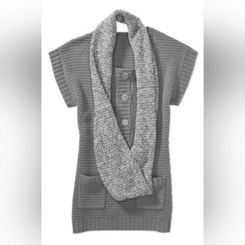 OP-Junior's short sleeve sweater tunic w/scarf, size:M 7/9, Grev Flannel.